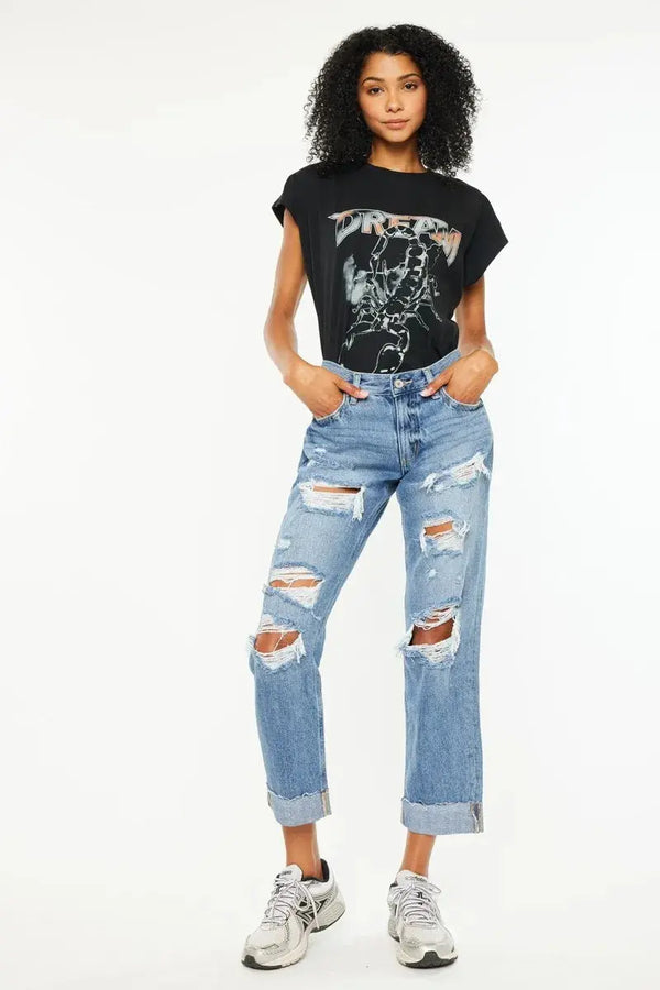 Mid Rise Distressed Kancan Boyfriend Jeans - Medium Wash