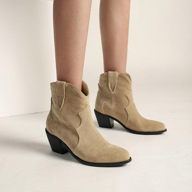Cowgirl Chic Suede Ankle Boots - Stylish High Heel Cowgirl Boots for Women