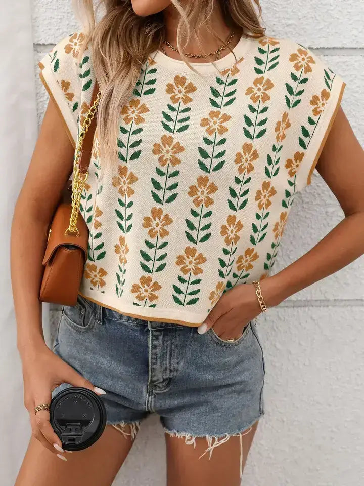 Floral Knit Cap Sleeve Top Women Boho Print Casual Vest