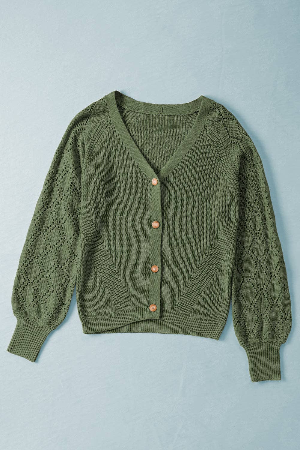 Knit V Neck Bishop Sleeve Button Cardigan