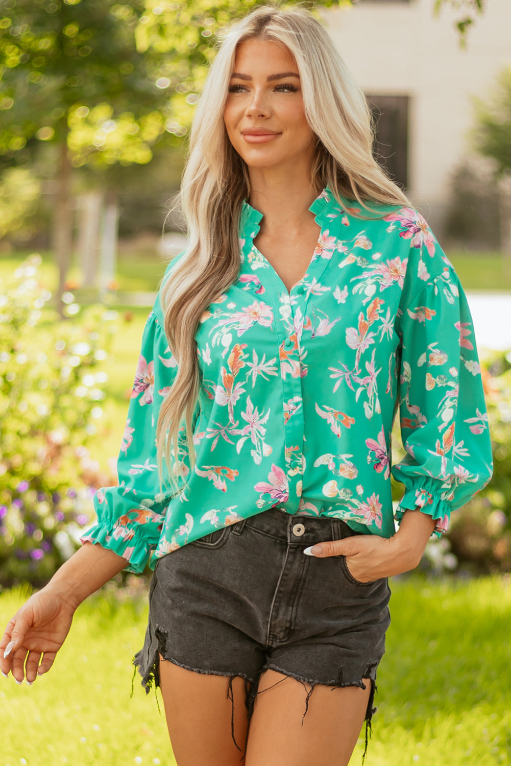 Green Floral Lantern Sleeve Button Front Shirt