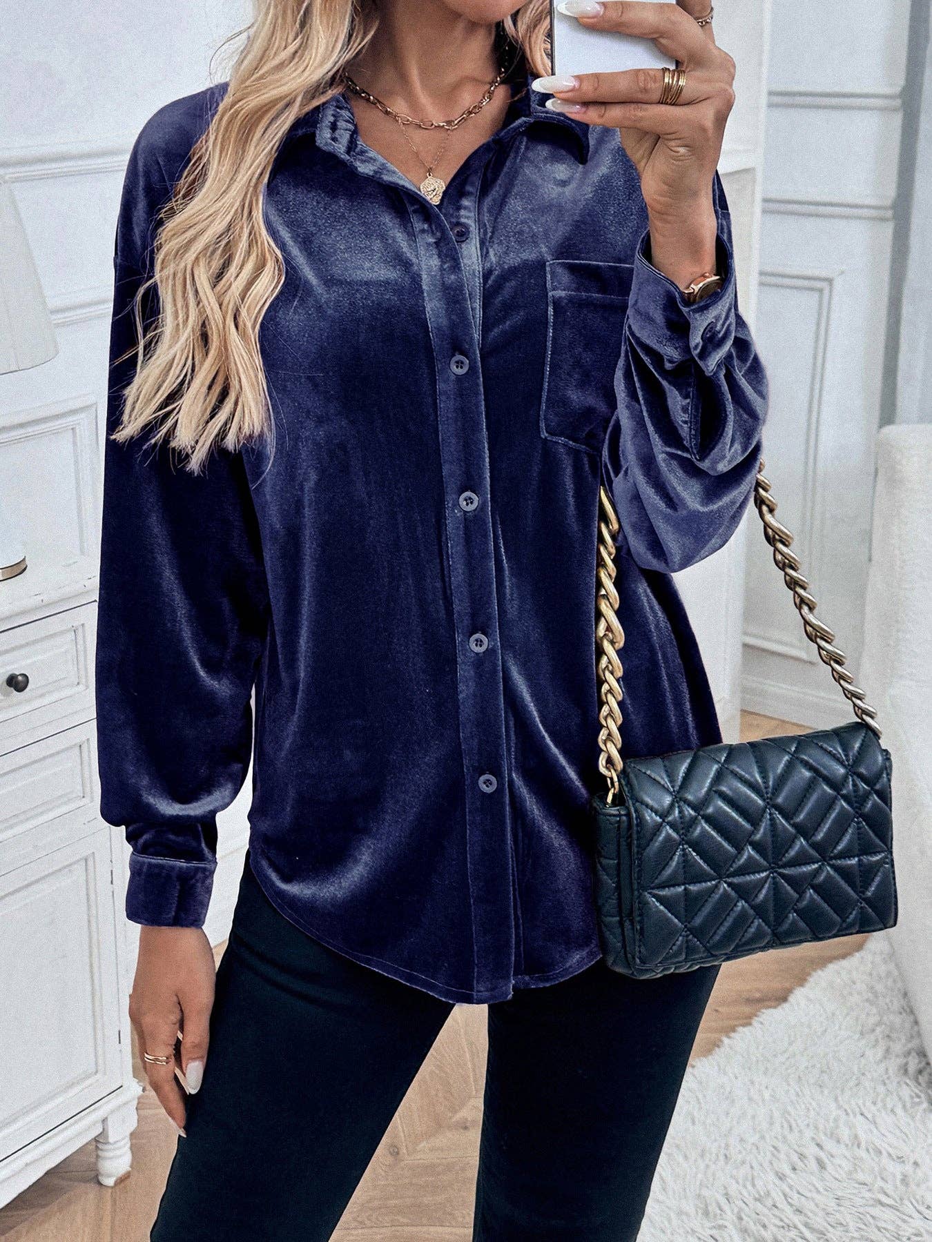 Solid Velvet Button-Up Lantern Sleeve Collared Blouse