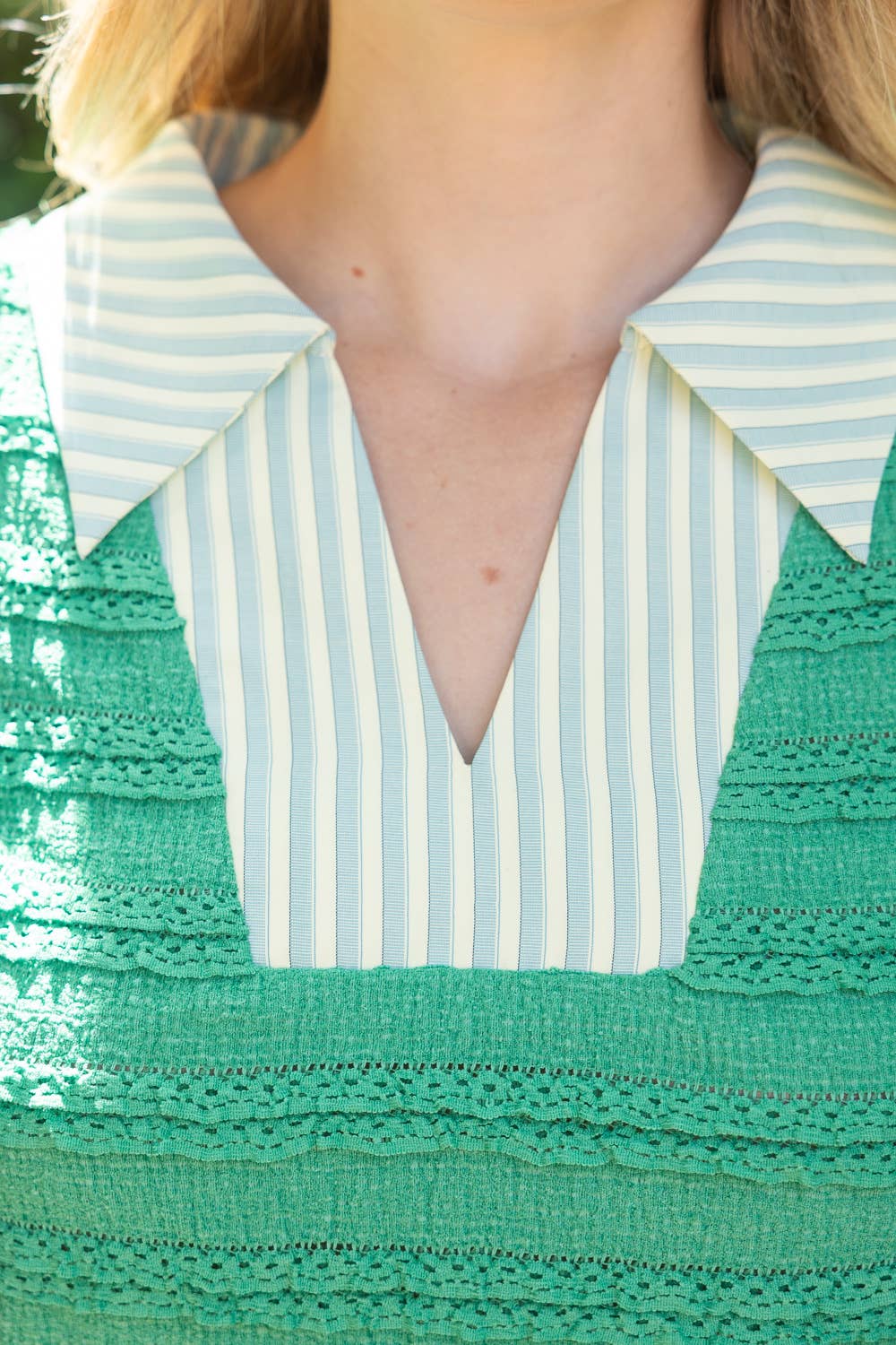 Stripe Collar Detailed Ruffle Sleeve Textured Knit Top