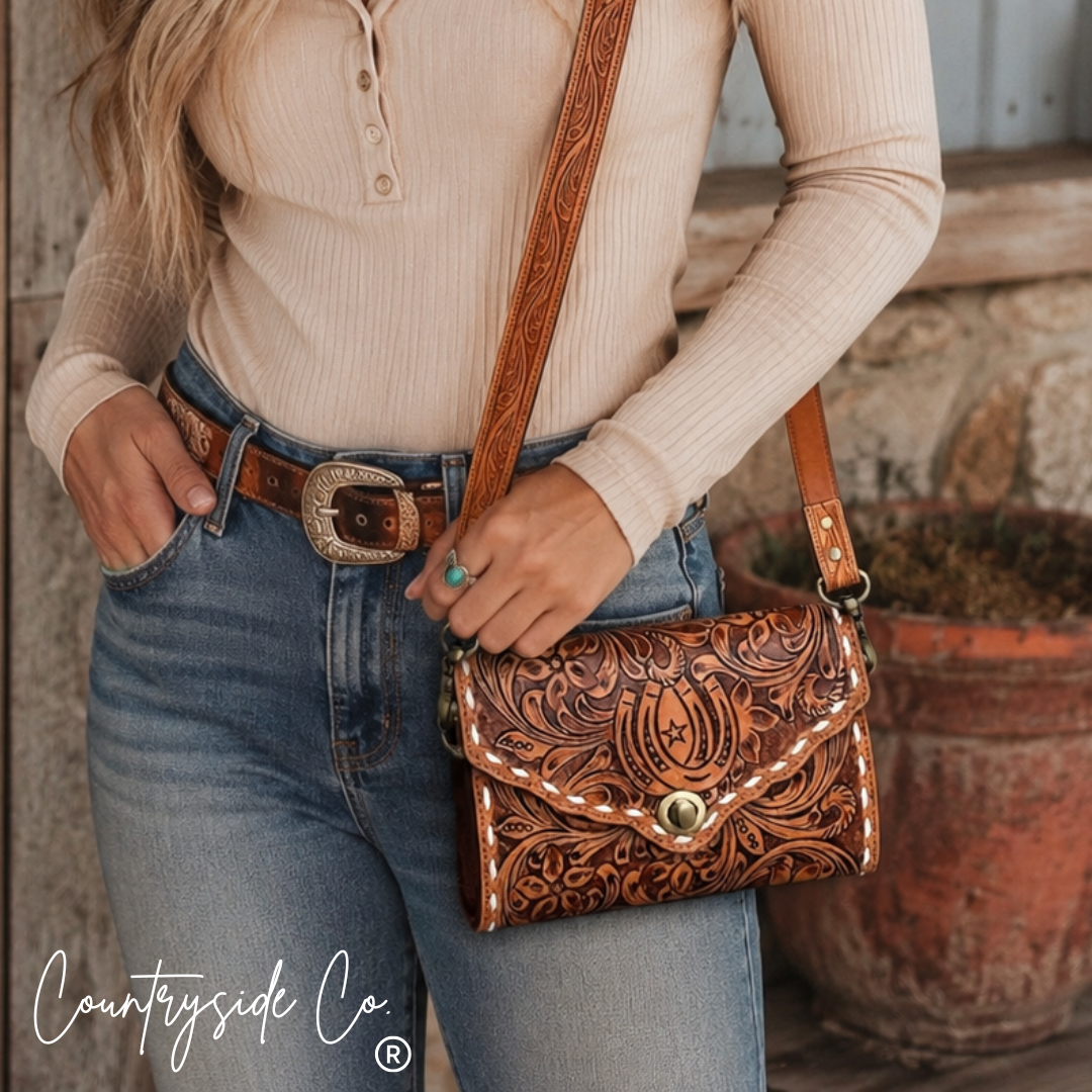 Stampede Double Horseshoe Tooled Leather Purse Crossbody