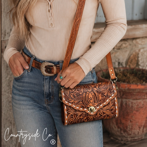 Stampede Double Horseshoe Tooled Leather Purse Crossbody