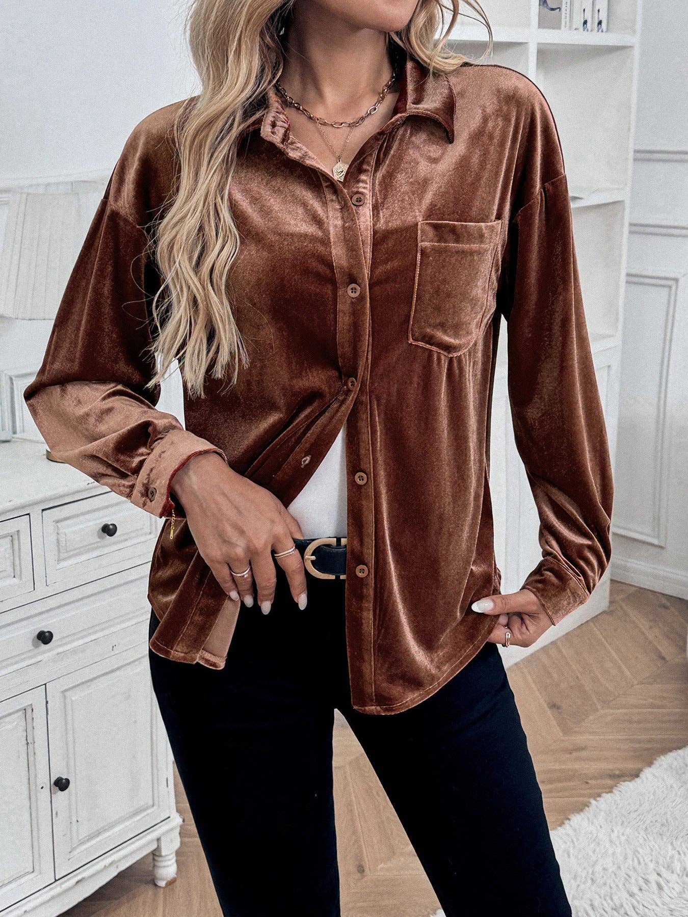 Solid Velvet Button-Up Lantern Sleeve Collared Blouse