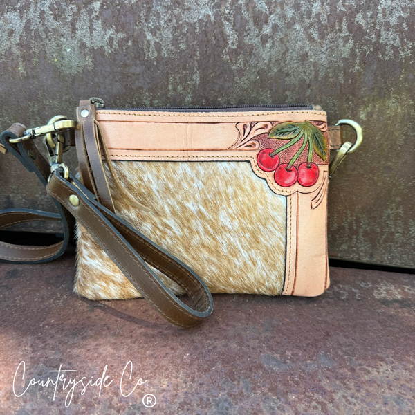 Cherry Cowhide Purse Crossbody with Wristlet