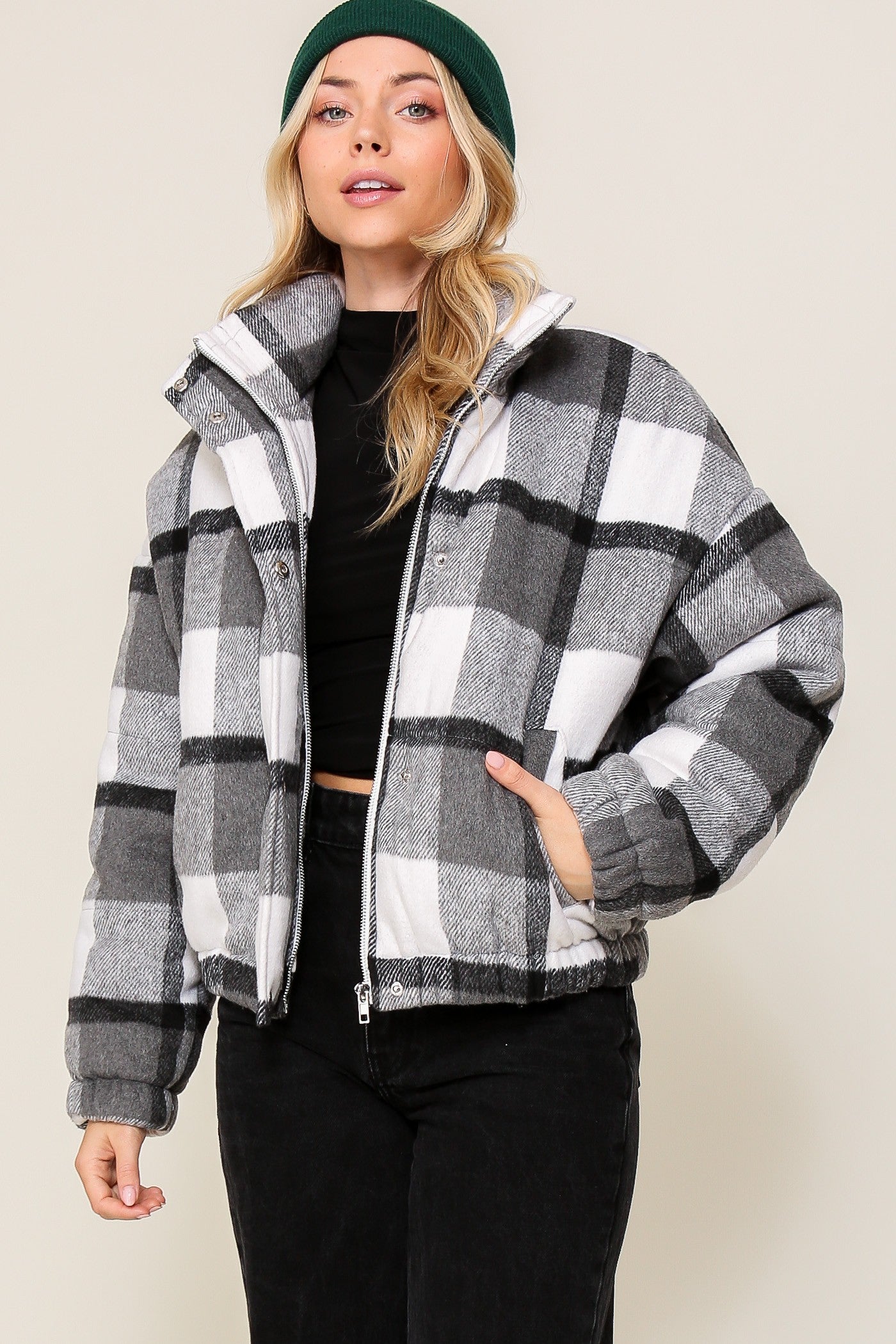 Plaid Print Puffer Jacket