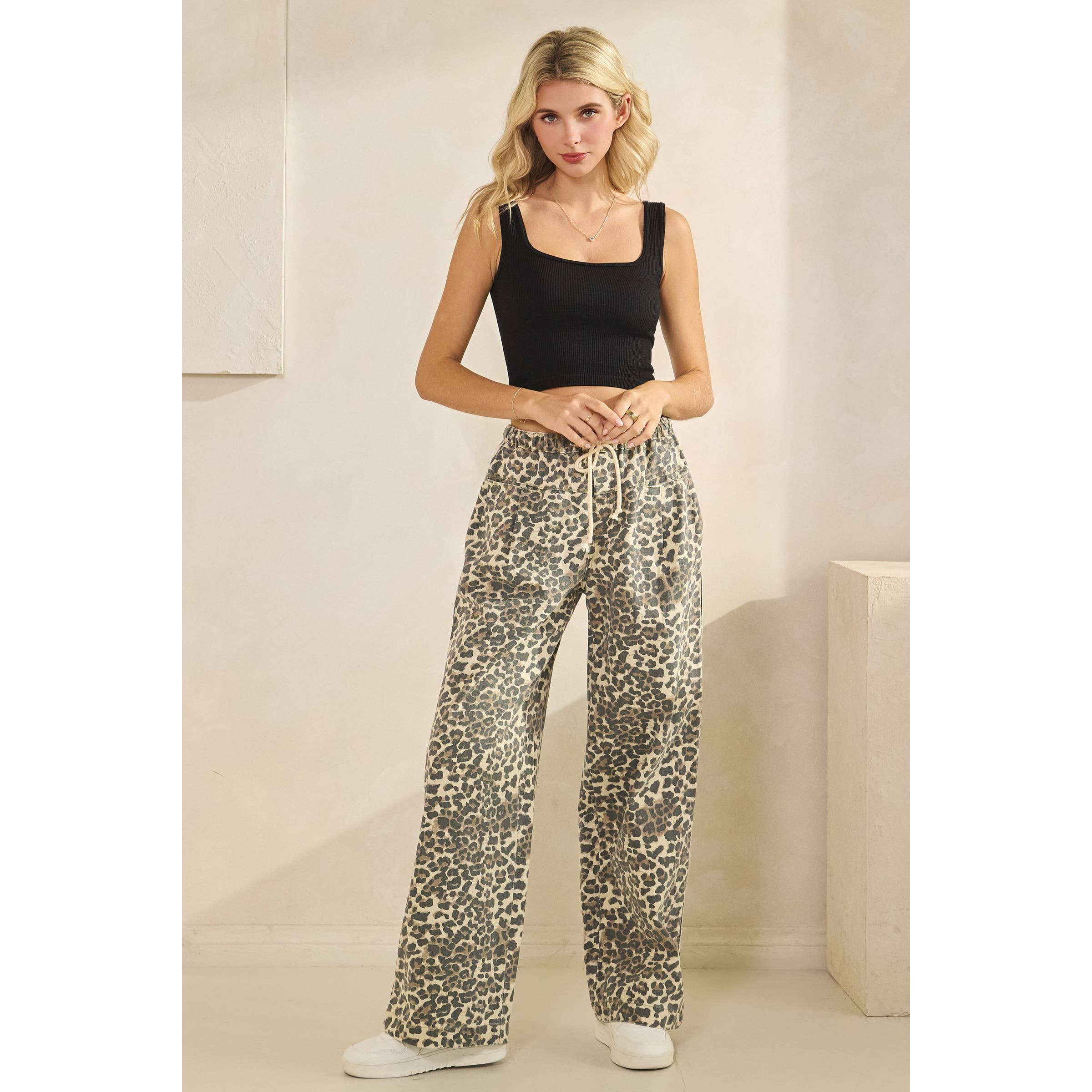 Leopard Printed Striped Wide Legged Pants