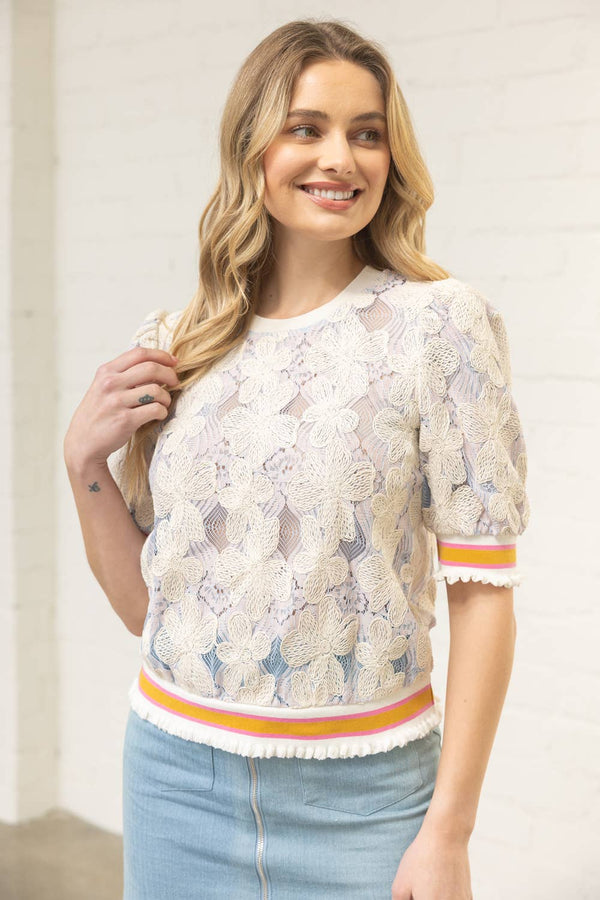 Stripe Ribbed Band Floral Embroidered Lace Top