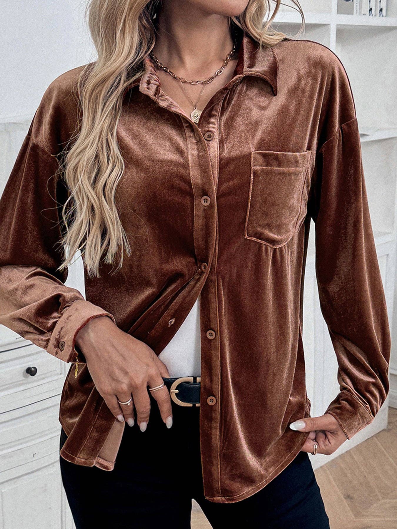 Solid Velvet Button-Up Lantern Sleeve Collared Blouse