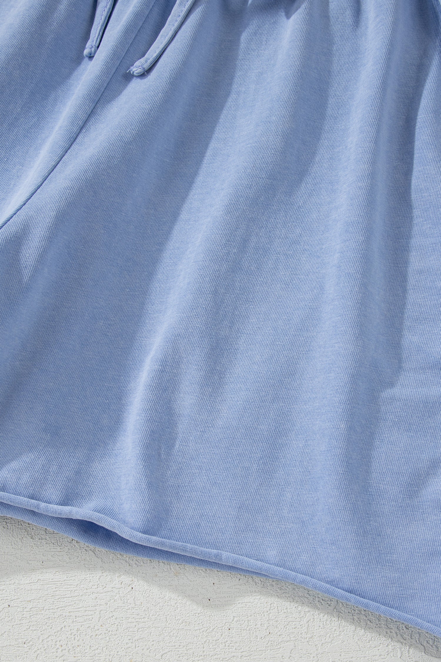 Sky Blue Mineral Washed Drawstring Elastic Waist Raw Cut Shorts
