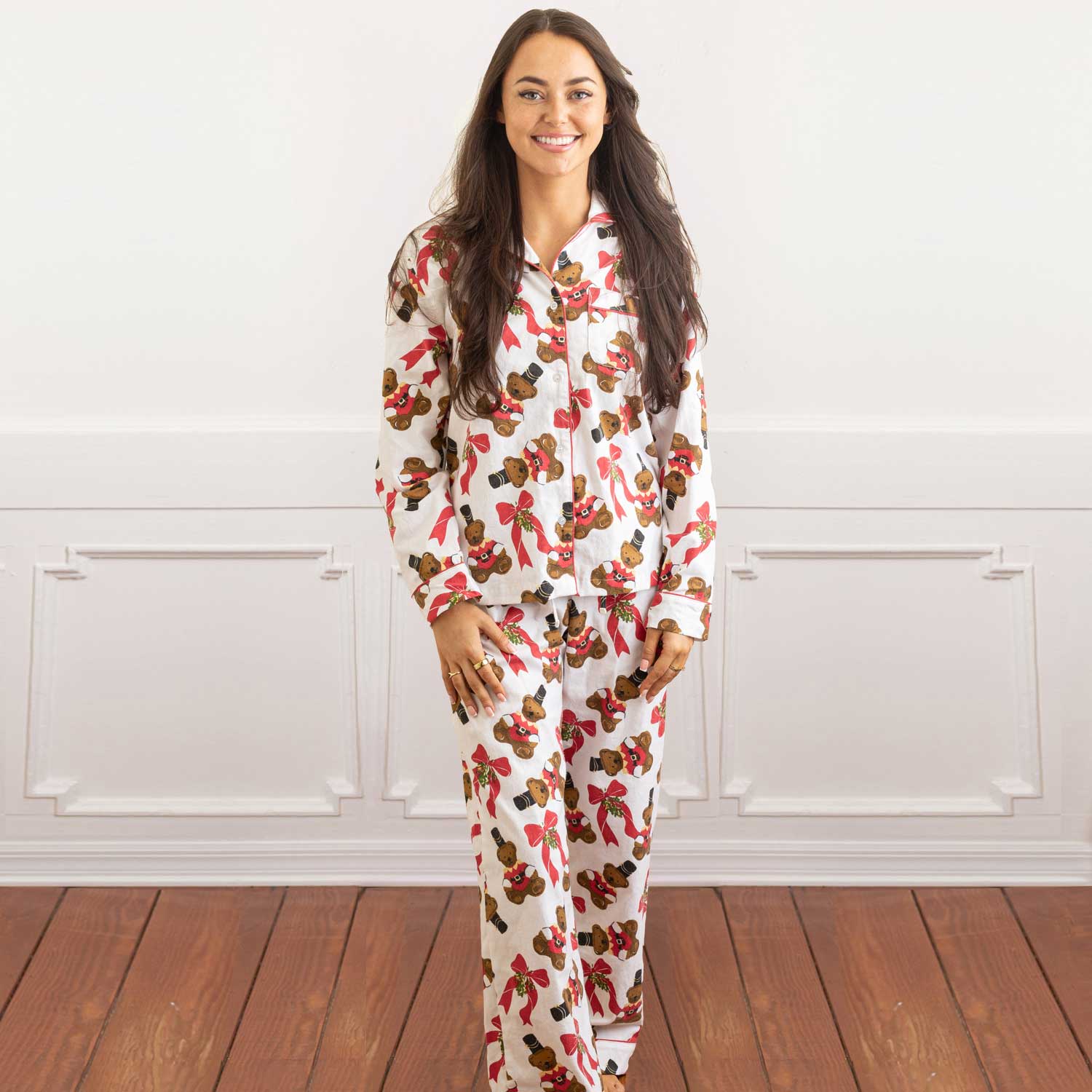 Teddies Print Flannel Holiday Pajama Set