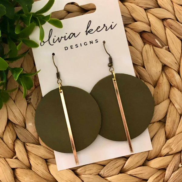 Lindsay - Olive Round Leather Dangle Earrings