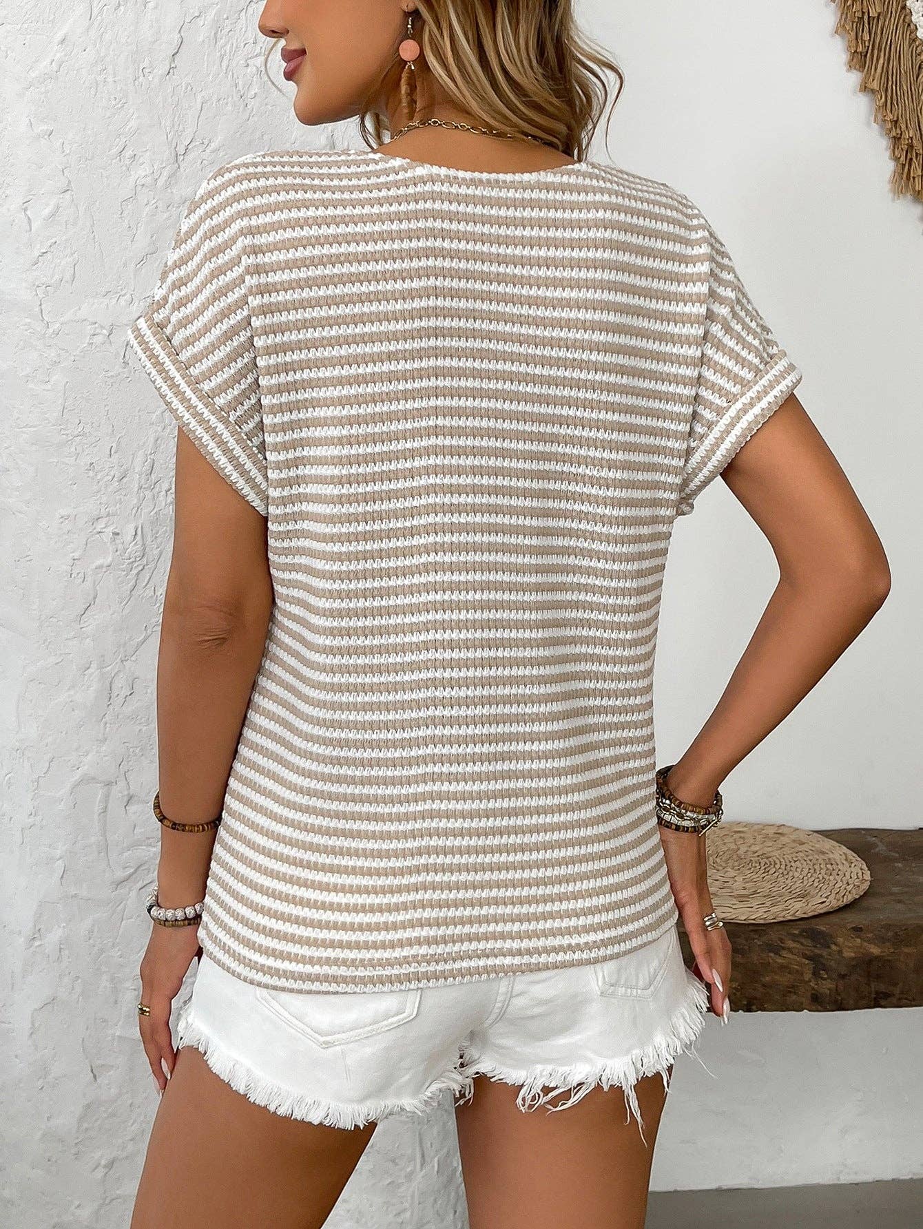 Womens Striped Knit Top V Neck Button Short Sleeve