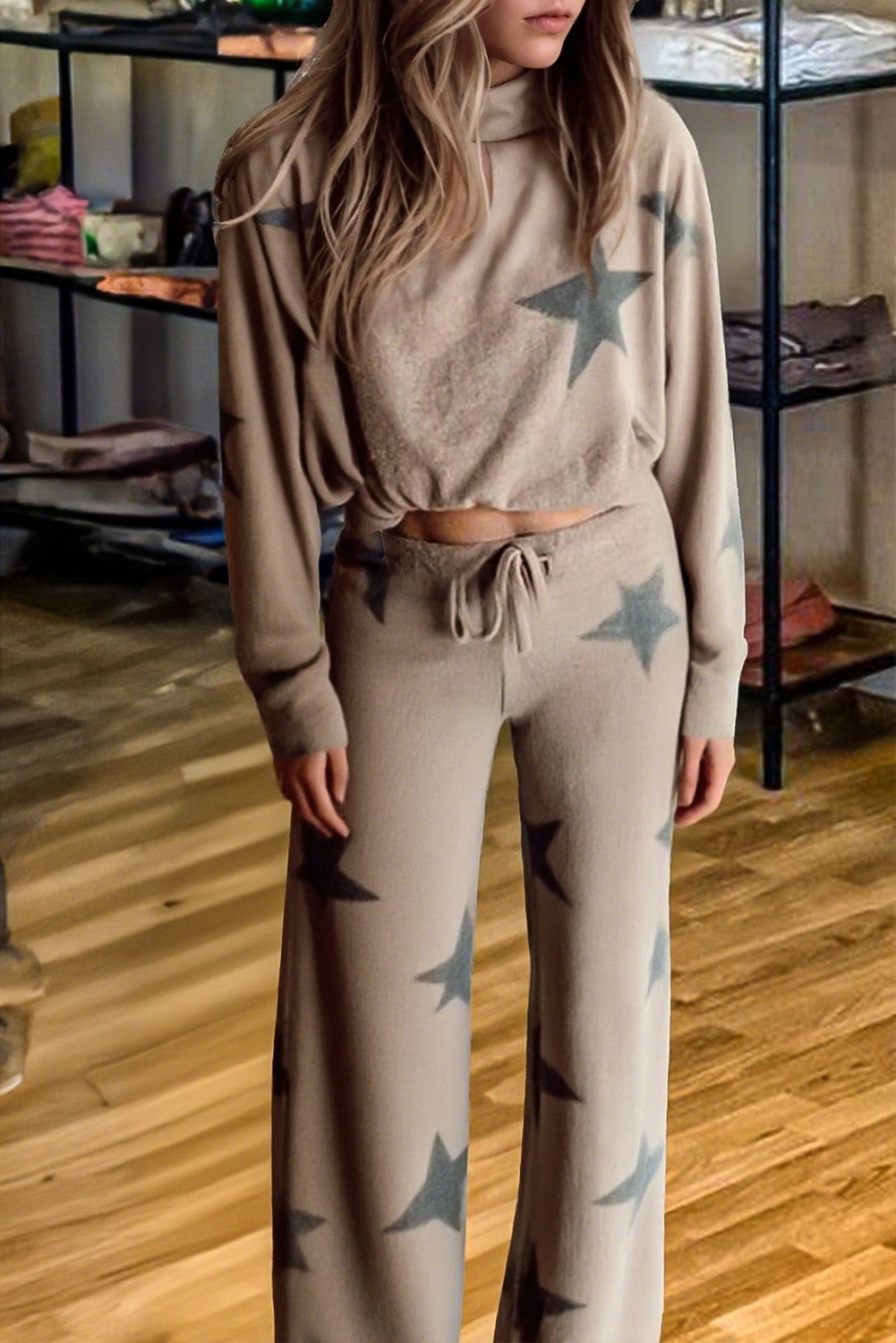 Star Print Loose Drawstring Wide Leg Lounge Set