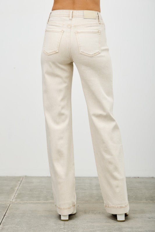 Saige - High Rise Slim Wide Straight in Light Beige