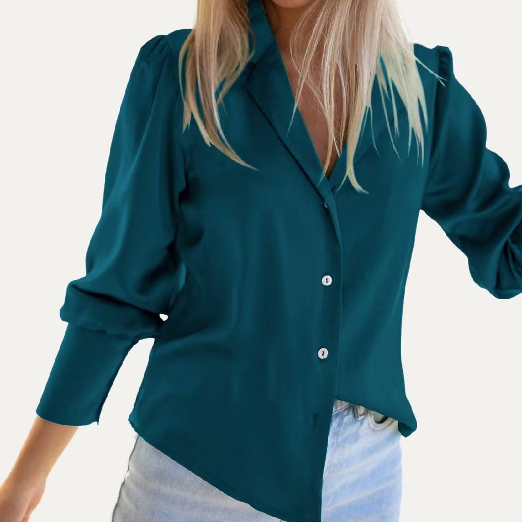 Lady Grace Solid Collared Button Up Blouse - Peacock Blue