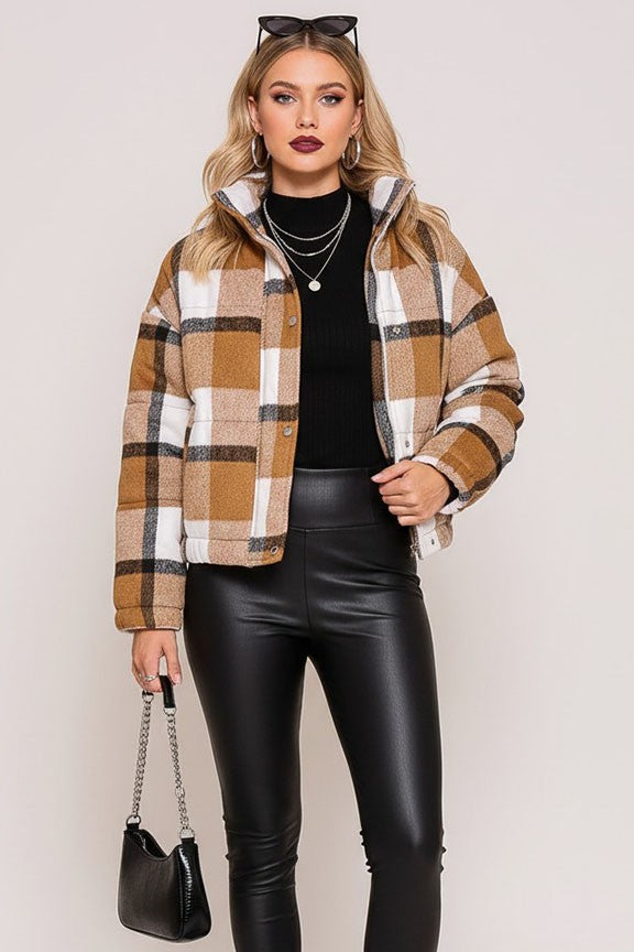 Plaid Print Puffer Jacket