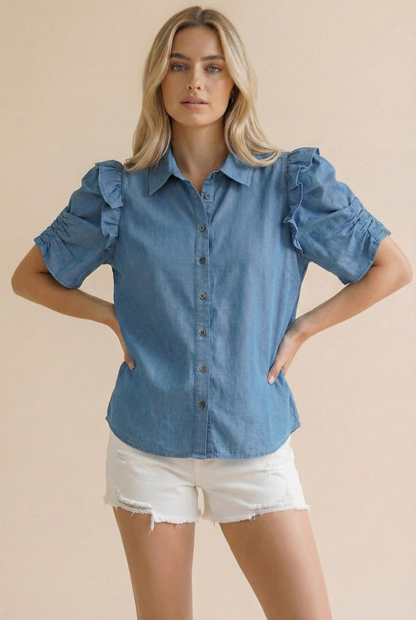 Plus Collared Button Down Short Sleeve Blouse
