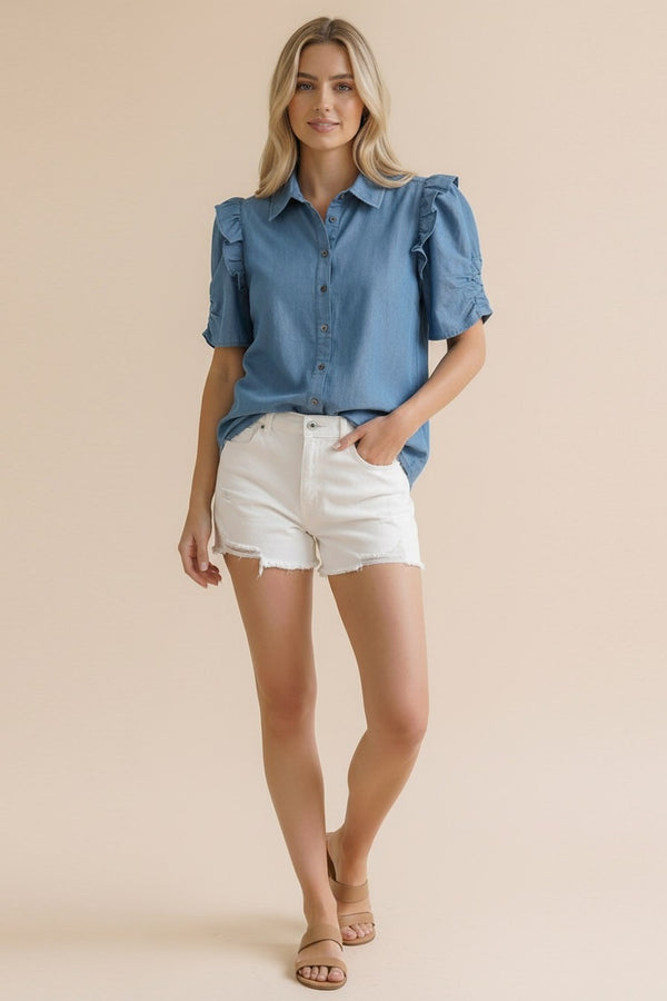 Plus Collared Button Down Short Sleeve Blouse
