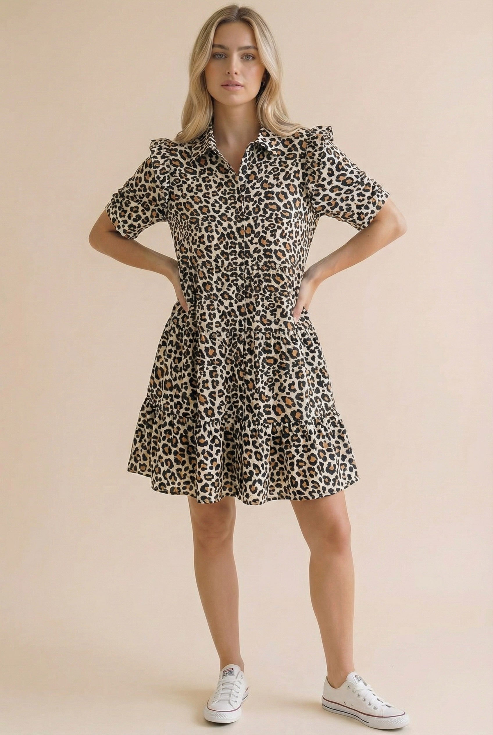 Collared Button-Down Tiered Animal Print Dress