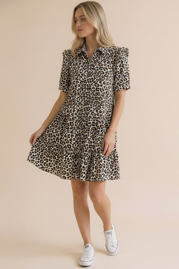 Collared Button-Down Tiered Animal Print Dress