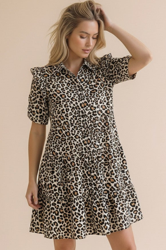 Collared Button-Down Tiered Animal Print Dress