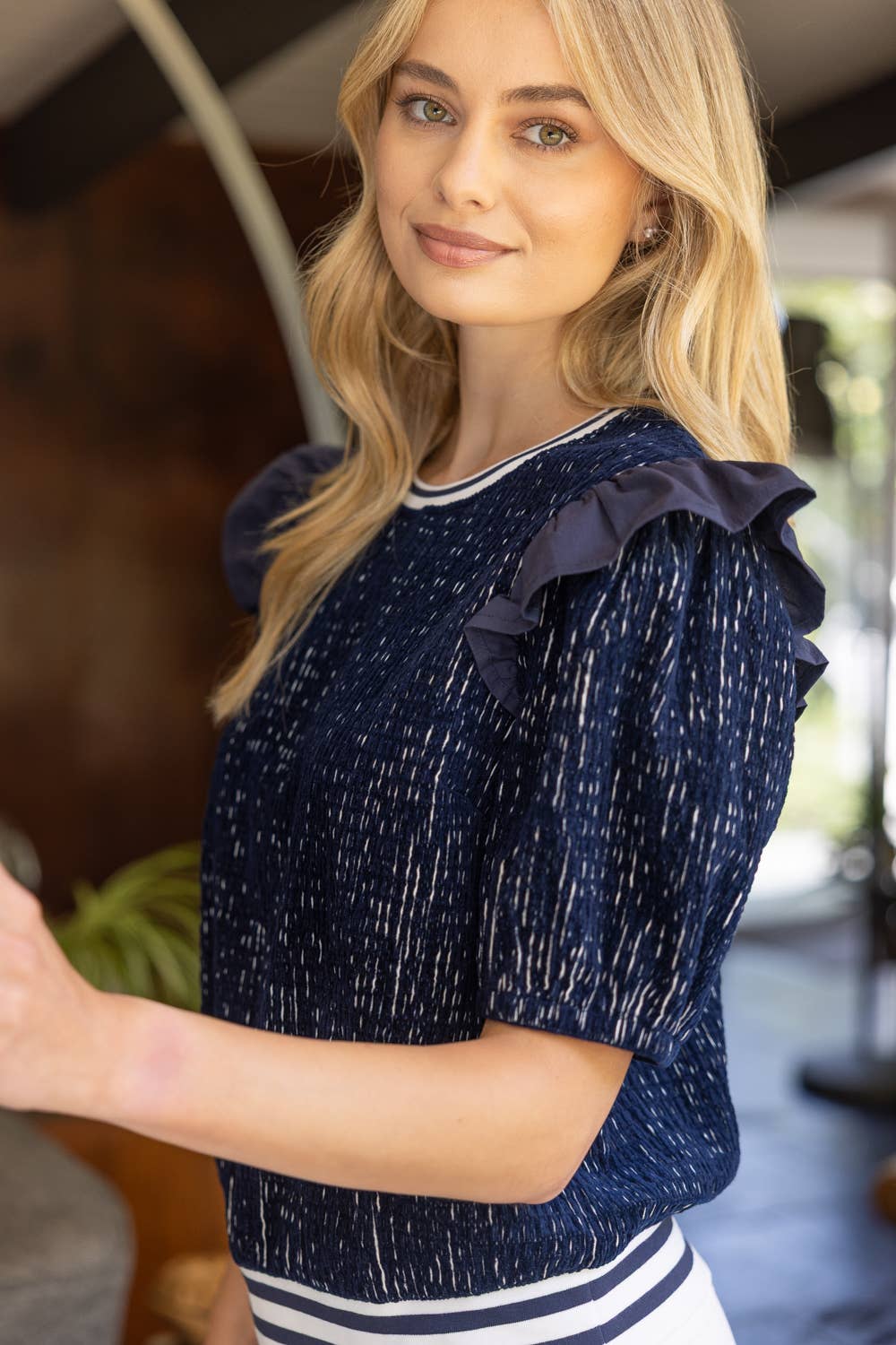 Shoulder Ruffle Striped Band Detailed Textured Knit Top