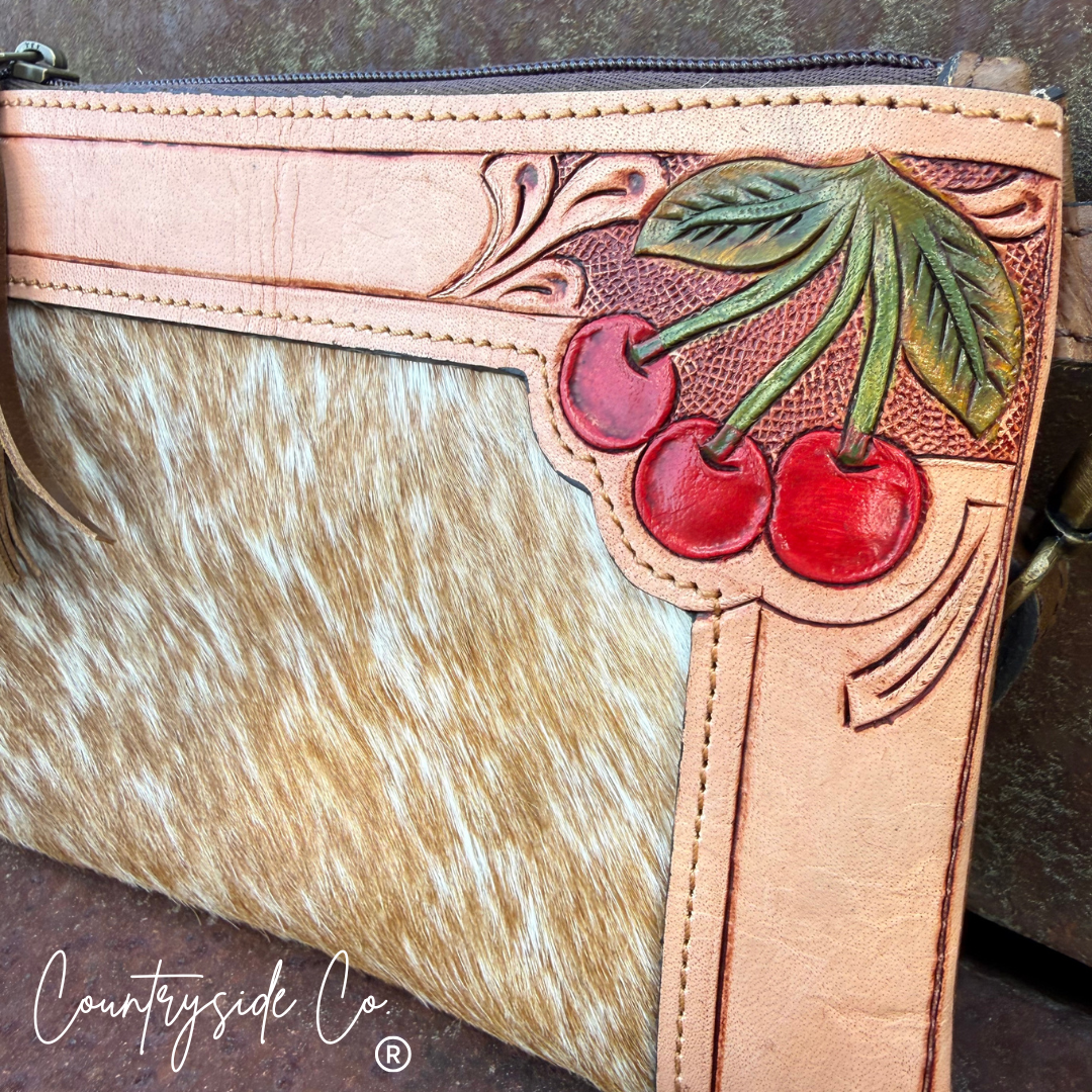 Cherry Cowhide Purse Crossbody with Wristlet