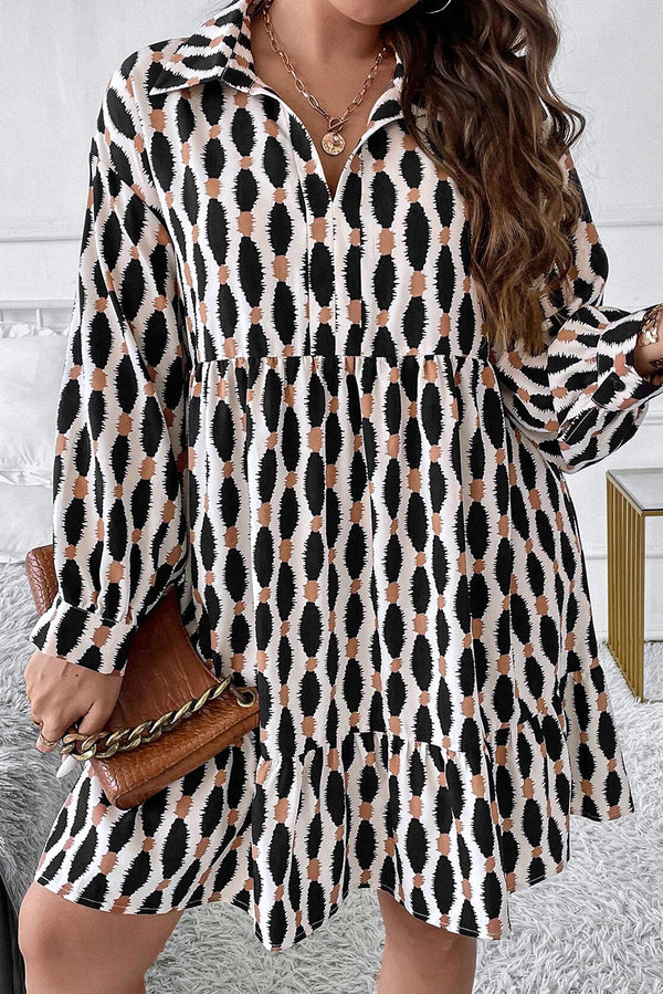 Apricot Geometric Print Collared V Neck Mini Dress