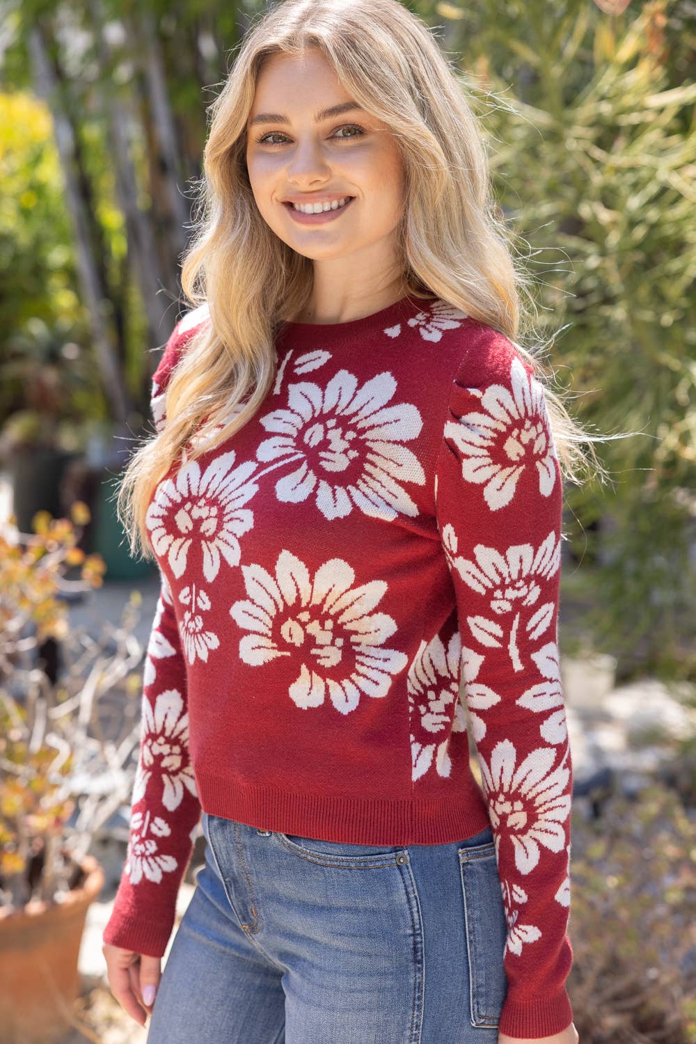 Large Floral Design Long Sleeve Sweater Top