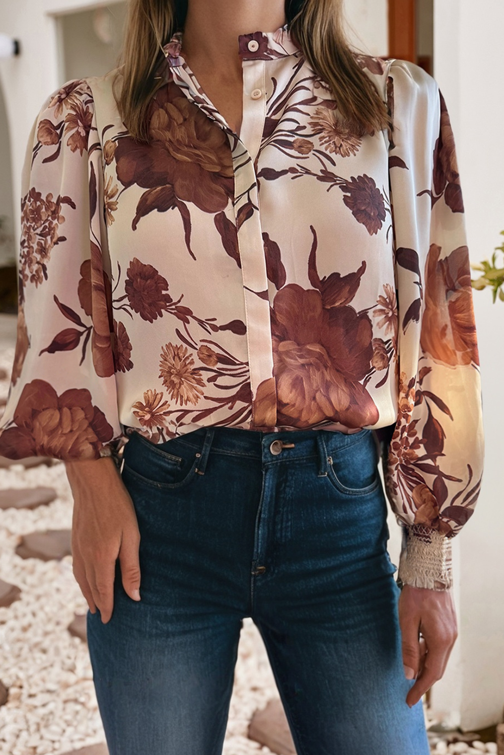 Brown Floral Print Button Down Poet Sleeve Shirt