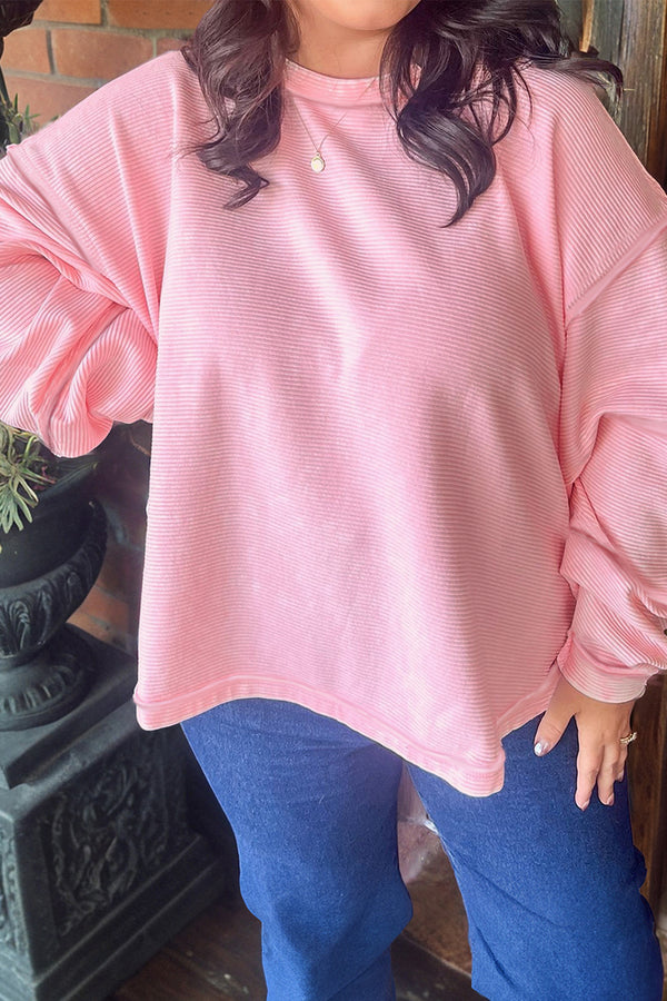 Plus Size Pink Drop Shoulder Long Sleeve Ribbed Top