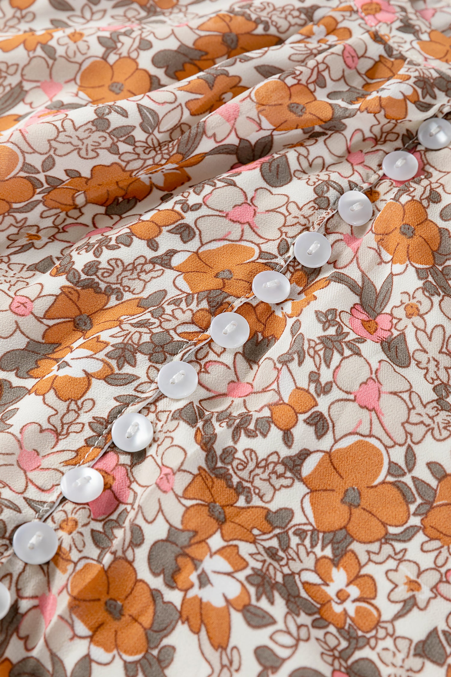 Orange Bohemian Floral Puff Sleeve Full Button Shirt