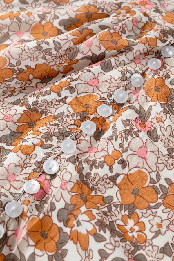 Orange Bohemian Floral Puff Sleeve Full Button Shirt