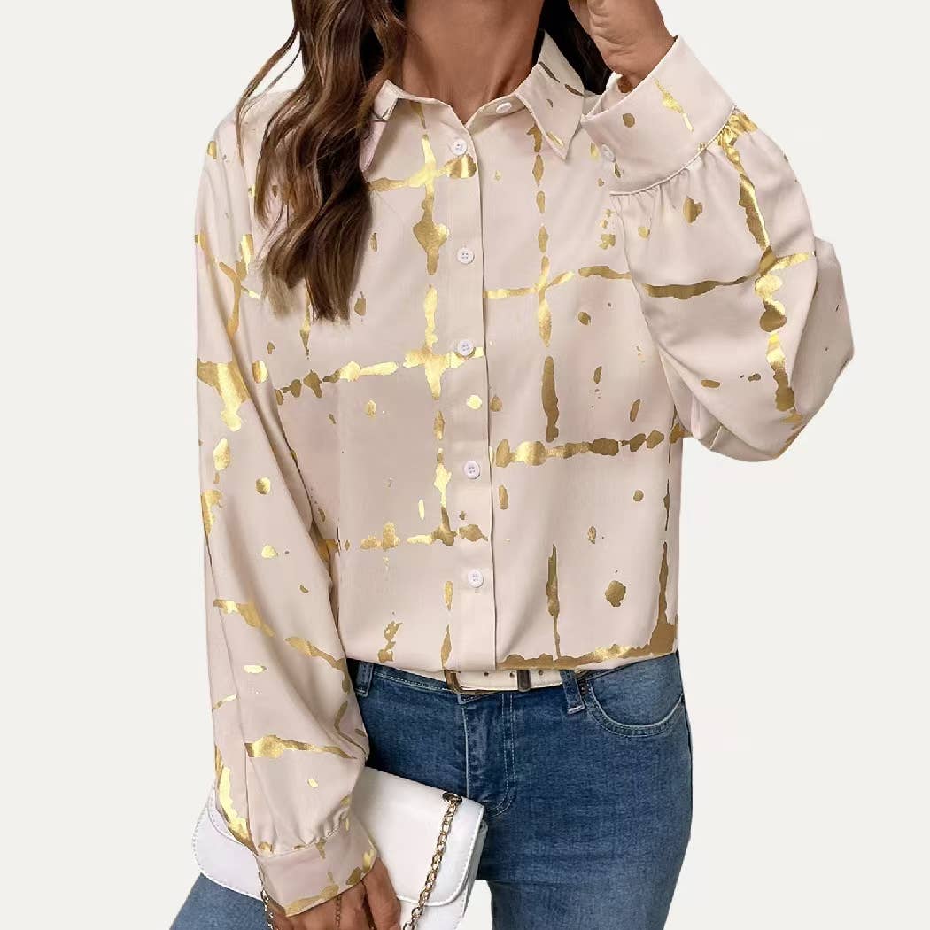 Light Khaki Metallic Gold Pattern Collared Button-Up Blouse