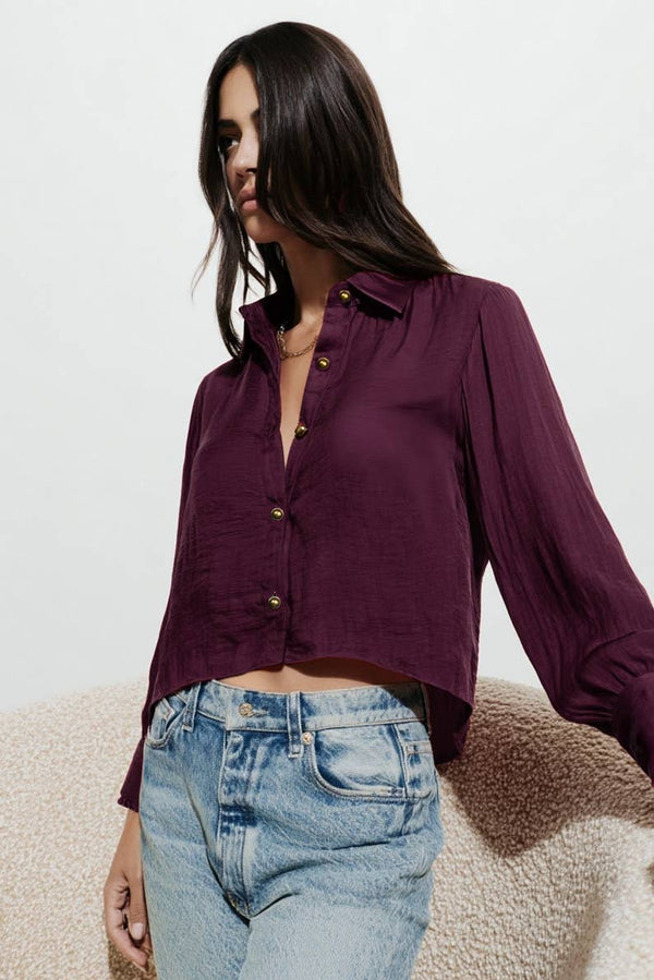 Blanket-stitch Cuff Button Up Cropped Blouse