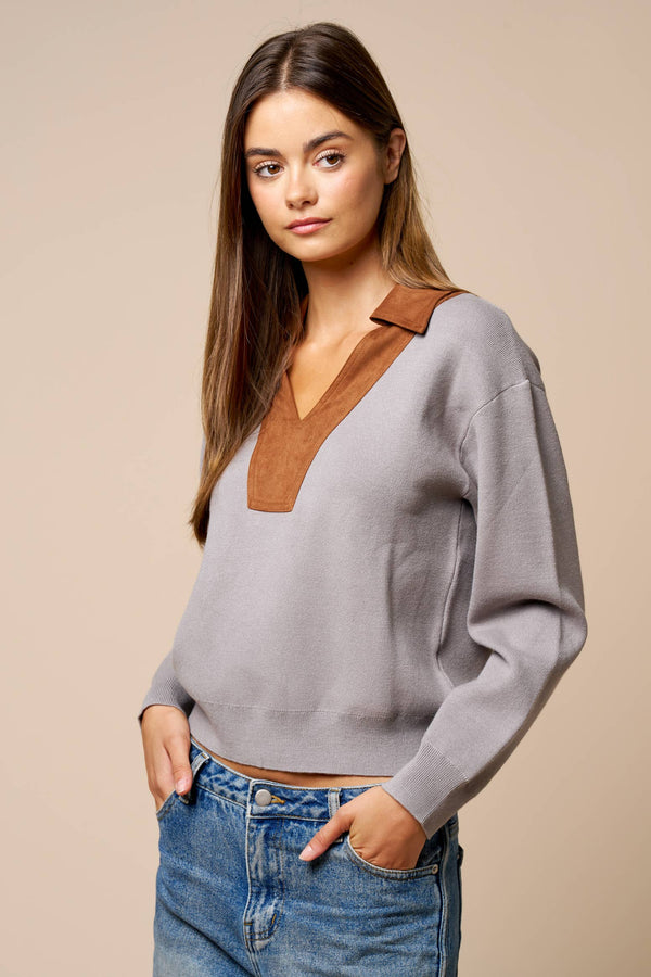 Suede Collared V Neck Cropped Knit Sweater