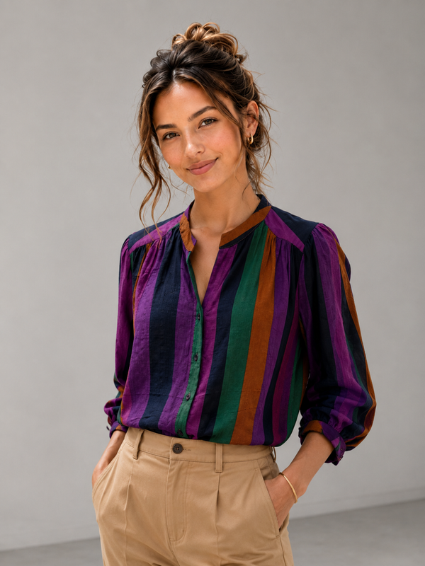 Jewel Tone Stripe Button-Front Blouse