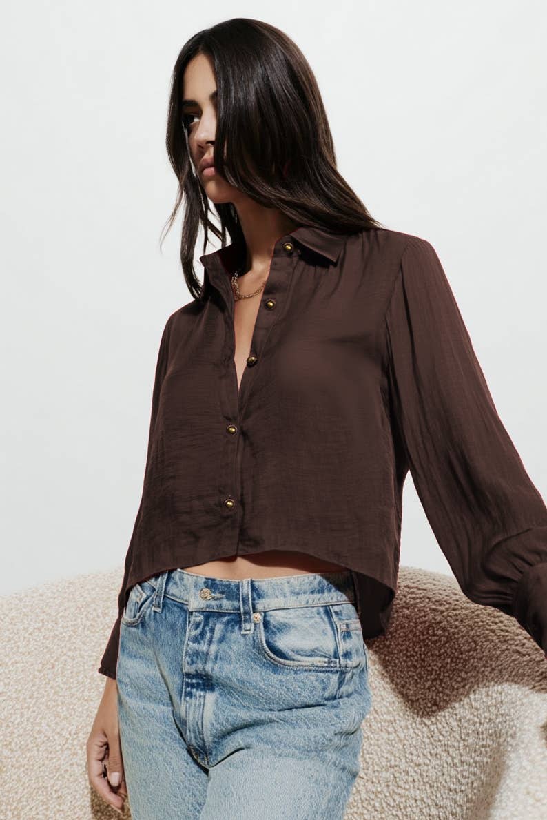Blanket-stitch Cuff Button Up Cropped Blouse