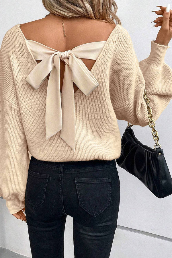 Lantern Sleeve V Neck Knot Back Sweater