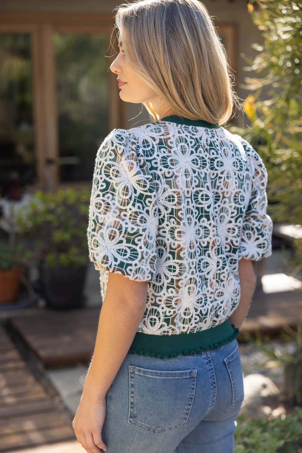 Floral Embroidered Plaid Bubble Sleeve Top
