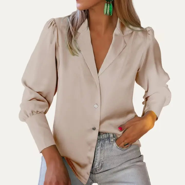Lady Grace Solid Collared Button Up Blouse - Apricot