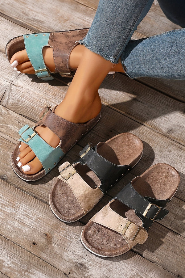 Coffee Two-tone Retro Buckle Straps Hollowed Faux Suede Slippers