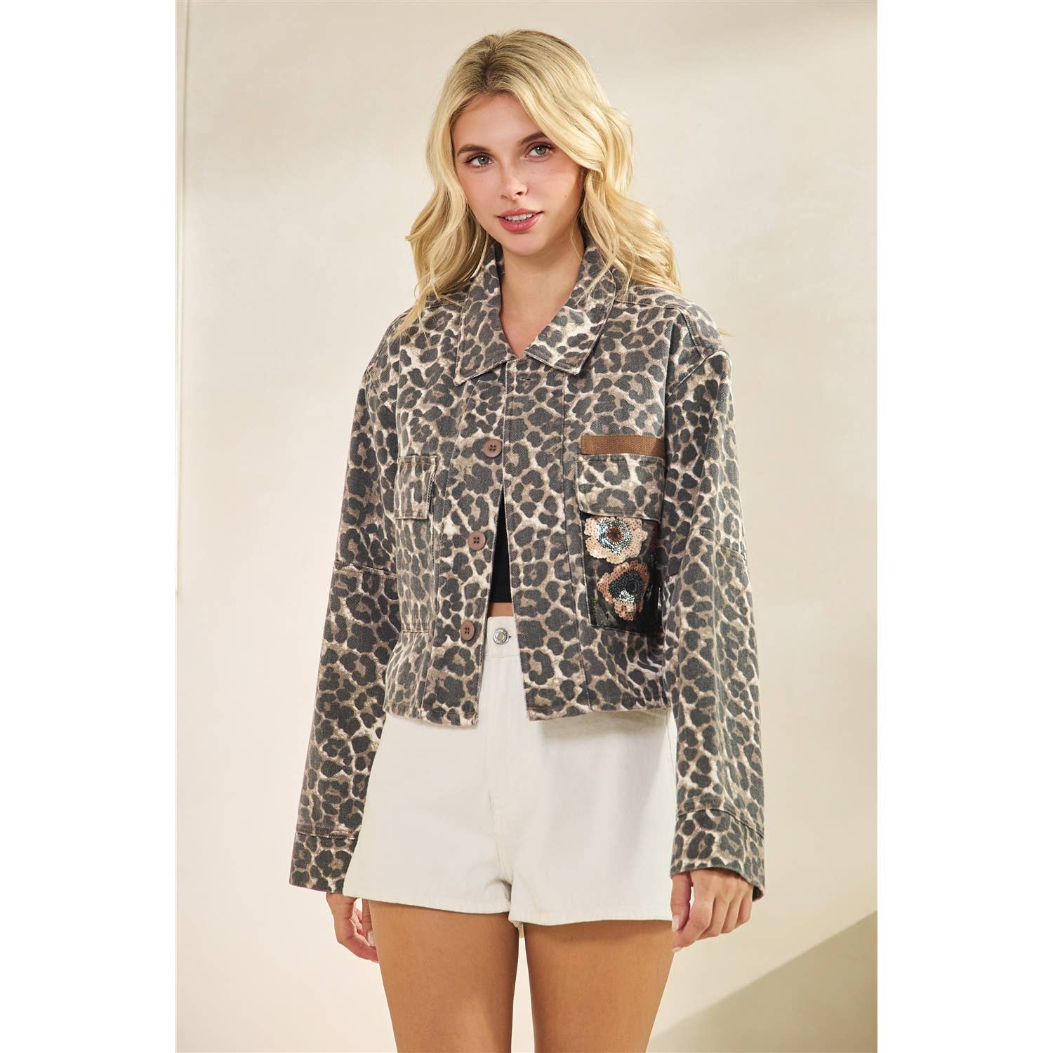 Leopard Denim jacket with back contrast
