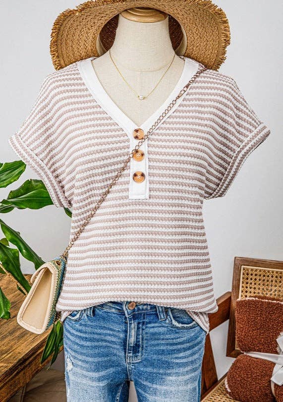 Womens Striped Knit Top V Neck Button Short Sleeve