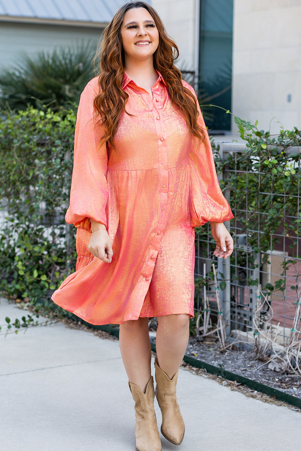 Peach Blossom Metallic Balloon Sleeve Shirt Mini Dress