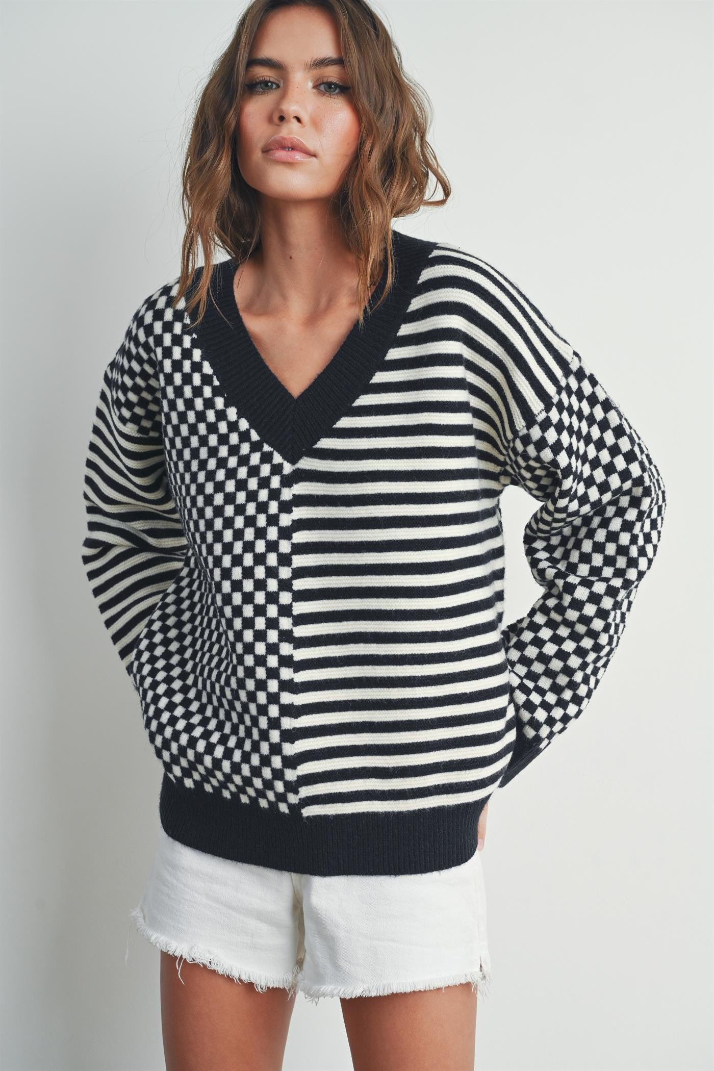 Checker Pattern Sweaters Frenchy Checker Pattern Drop Shoulder Sweater – Refined Rebel