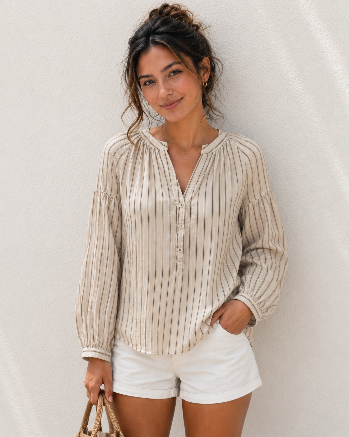 Natural Stripe Button Henley Blouse